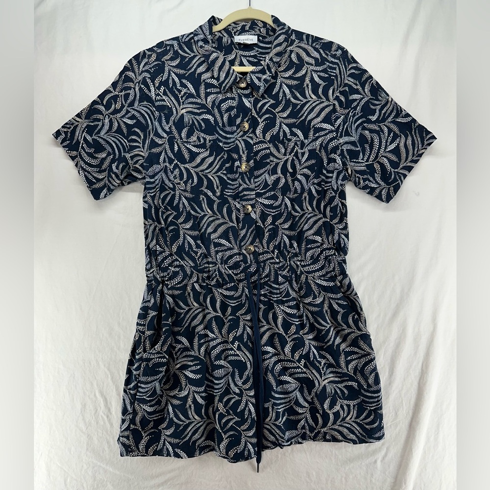 Evereve Batik Blue Cream Floral Printed Short Sleeve Ivy Shorts Romper Womens XL